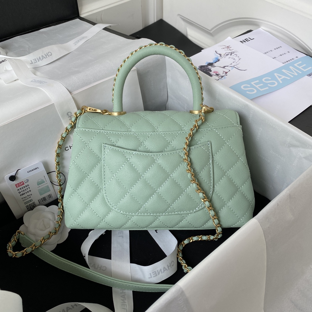 Coco Handle Small Grained Calfskin Handbag With Top Handle A92990 Jade Green